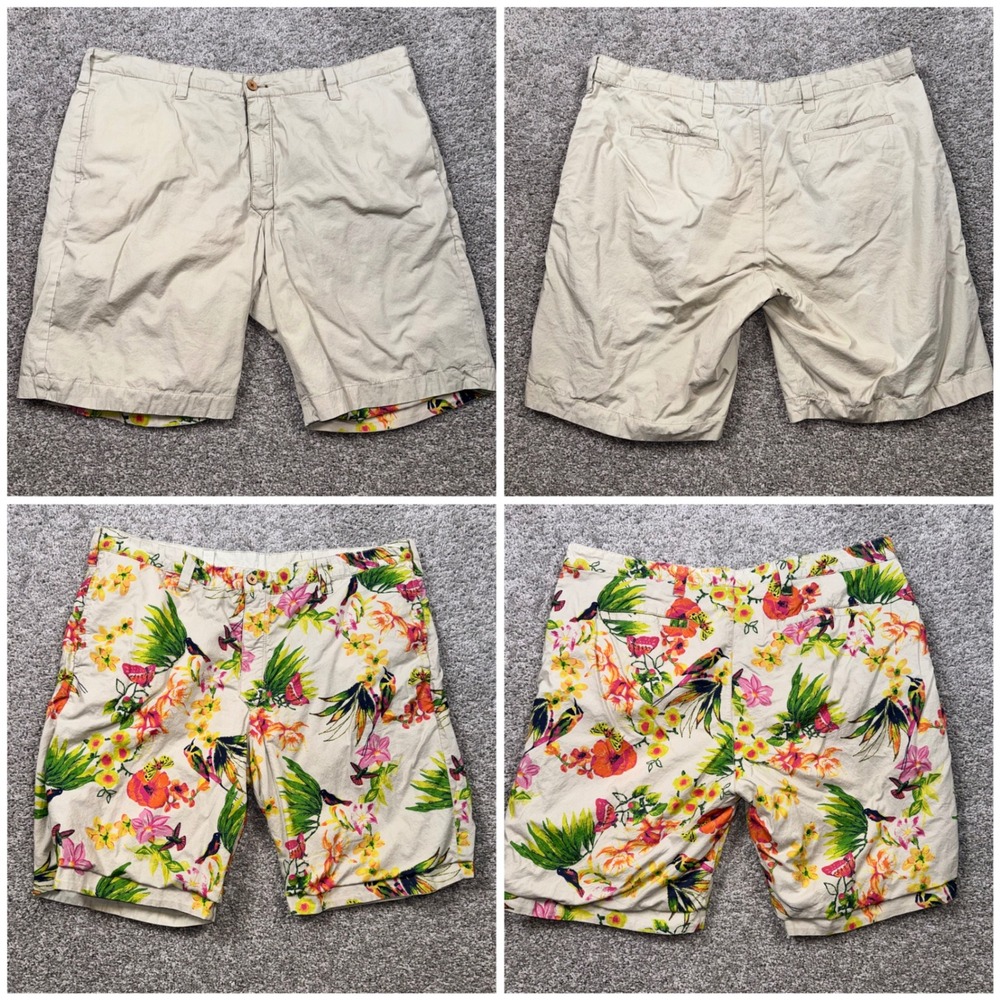 Flusser Vintage Reversible Chino Shorts Mens Tropical Floral Tan 40 EXCELLENT